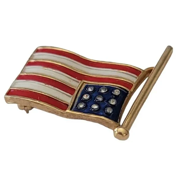 Trifari Red White Blue Enamel Clear Rhinestone US Flag Brooch Pin, Signed E711